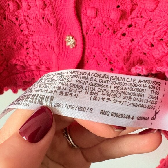 Zara Rhinestone Pointelle Knit Cropped Cardigan Sweater Fushia Pink Size Small - Picture 7 of 8